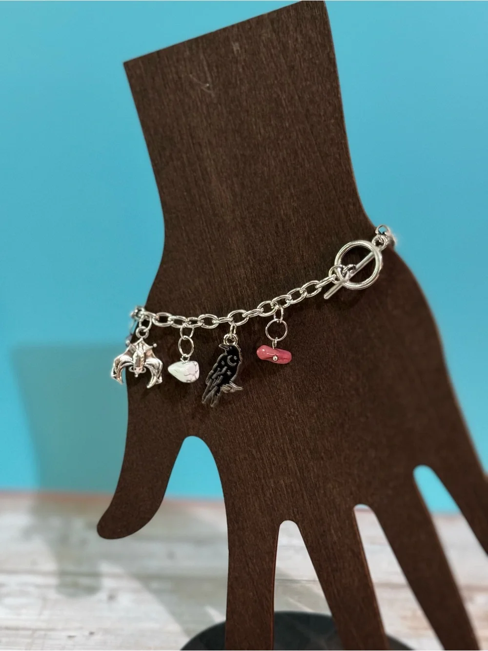Witchy Goth Silver Charm Bracelet with Blue, Purple, Green and Peach Accents